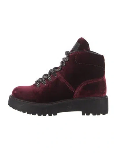 Pre-owned Prada Velvet Plaid Print Combat Boots In Burgundy