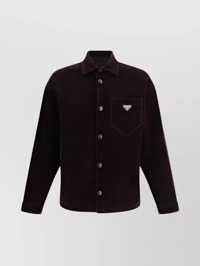 Prada Velvet Shirt Jacket With Chest Pocket In Ebano