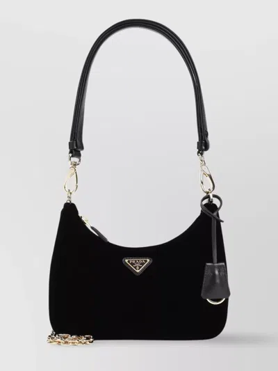 Prada Velvet Shoulder Bag Lamb Leather Chain Strap In Black
