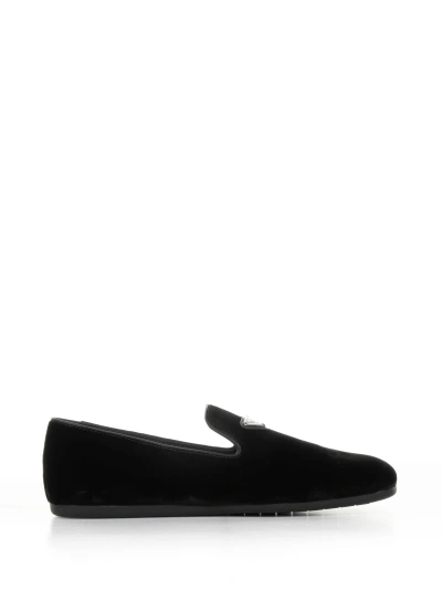 Prada Velvet Slip-on With Logo In Nero