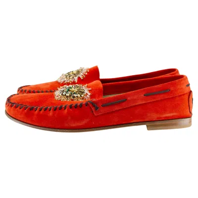 Pre-owned Prada , Vermillion Suede Loafers With Beaded Detail And Leather Soles In Red