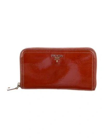Pre-owned Prada Vernice Leather Continental Wallet In Orange