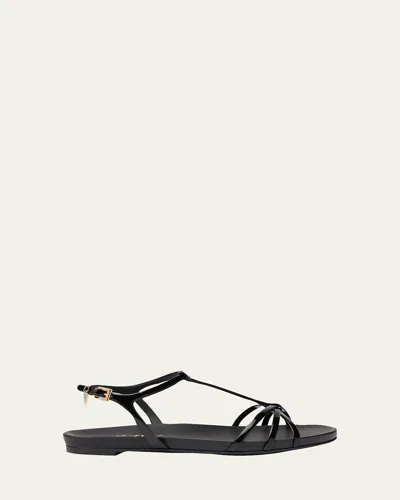 Prada Vernice Leather Flat Sandals In Black