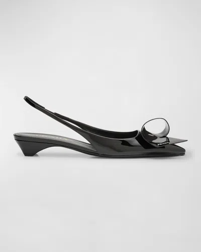 Prada Vernice Patent Ribbon Slingback Ballerina Pumps In Black