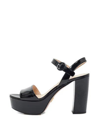 Pre-owned Prada Vernice Platform Ankle Strap Sandals In Black