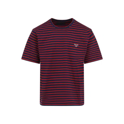Prada Vibrant Red Cotton T-shirt With Contrasting Stripes In Blue