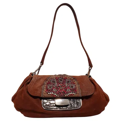 Pre-owned Prada Viintage  Clutch In Carved Leather Suede And Swaroski Crystals In Brown