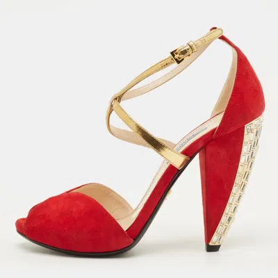 Pre-owned Prada Vinho Size 38 Red/gold Leather And Suede Ankle Strap Sandals