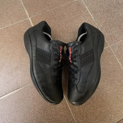 Pre-owned Prada Vintage America's Cup Red Tab Black Leather Sneakers