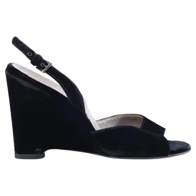 Pre-owned Prada Vintage Black Velvet Wedge Slingback Sandals - '90s