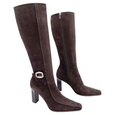 Pre-owned Prada Vintage Brown Embossed Nubuck Square Toe Heeled Knee High Boots It 36.5