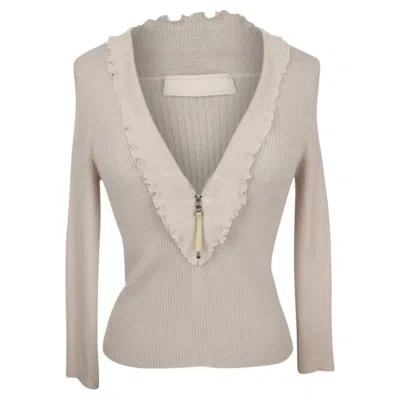Pre-owned Prada Vintage Cashmere And Silk Top Deep V Ruffle Neck Zipper 40 In Gray