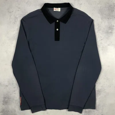 Pre-owned Prada Vintage Designer  Milano Red Tab Polo Longsleeve Shirt In Blue