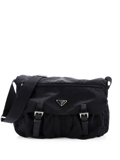 Pre-owned Prada Vintage Double Buckle Flap Messenger Bag Tessuto Crossbody Bag In Black