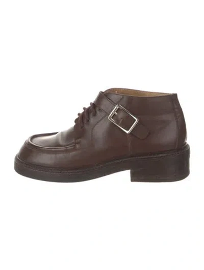 Pre-owned Prada Vintage Enameled Metal Triangle Oxfords In Brown