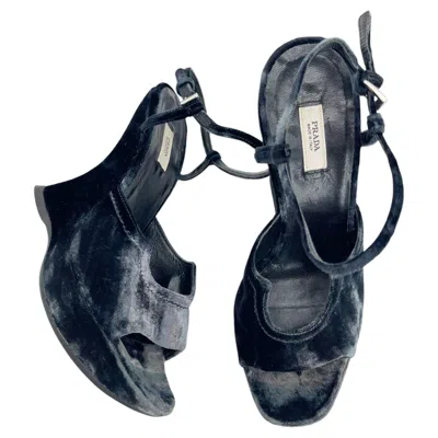 Pre-owned Prada Vintage Fall 2004 Runway Blue Velvet Sculptural Wedge Sandals It 35.5