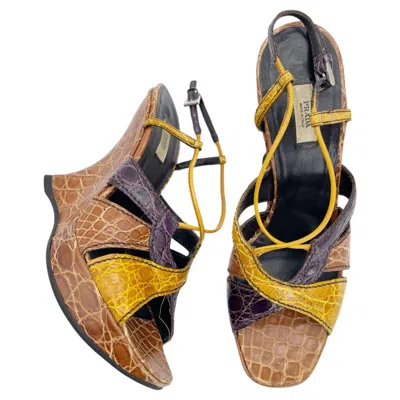 Pre-owned Prada Vintage Fall 2004 Runway Exotic Alligator Sculptural Wedge Sandals It 37 In Brown