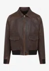 Prada Collared Long-sleeved Leather Jacket In Brown