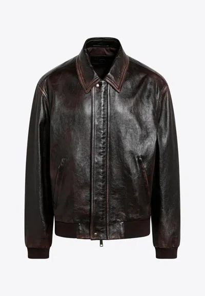 Prada Vintage Nappa Leather Bomber Jacket In Brown