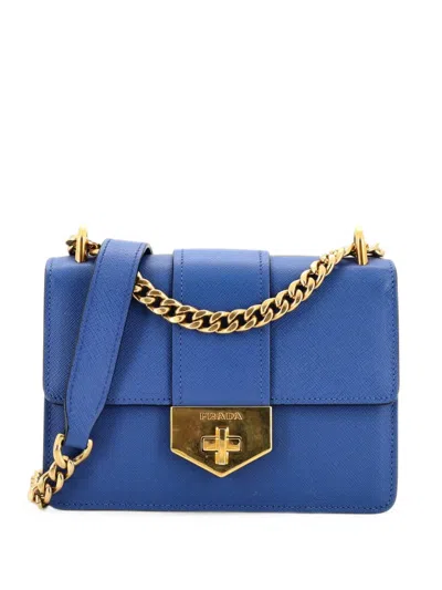 Pre-owned Prada Vintage Pattina Flap Saffiano Leather Small Shoulder Bag In Blue