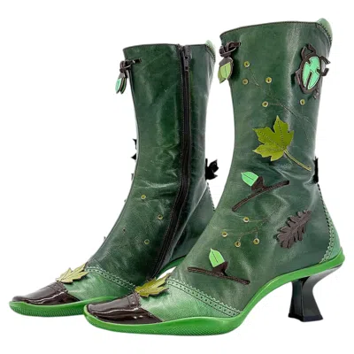 Pre-owned Prada Vintage  Fw1999 Runway Green Leaves And Bug Applique Leather Boots 38.5