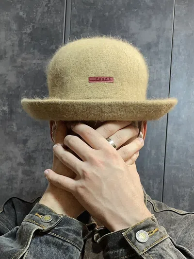 Pre-owned Prada Vintage  Red Tab Wool Mohair Bucket Hat Cowboy In Sand