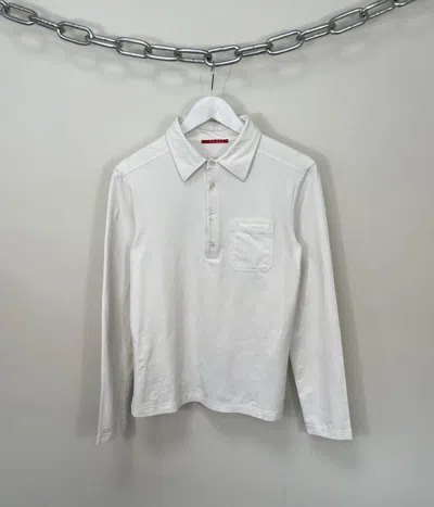 Pre-owned Prada Vintage  White Pocket Tab Luxury Longsleeve Polo Shirt