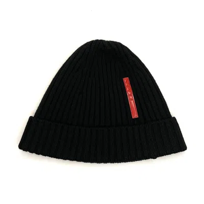 Pre-owned Prada Vintage Wool Ribbed Beanie Hat In Black