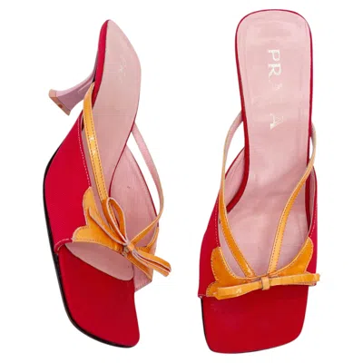 Pre-owned Prada Vintage Y2k Red Orange Colorblock Patent Bow Square Toe Mule Heels It 40