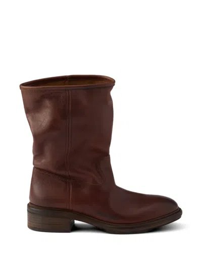 Prada 45mm Vintage-effect Leather Mid-calf Boots In Brown