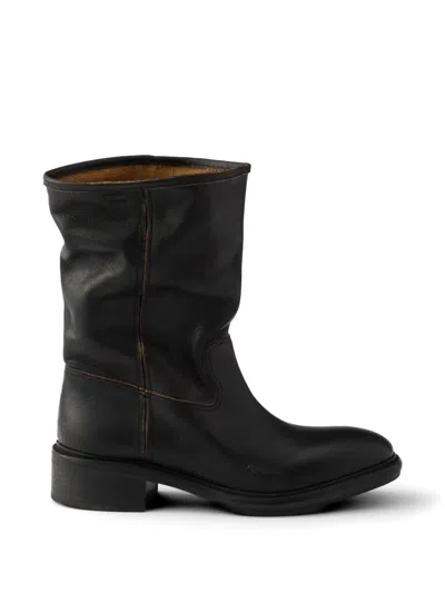 Prada Vintage-effect Leather Boots In Black