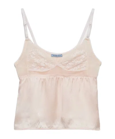 Prada Vintage-look Satin And Lace Top In Neutral