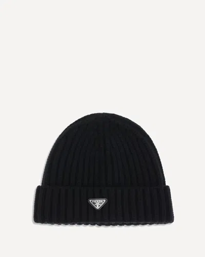 Prada Virgin Wool Beanie Hat In Black