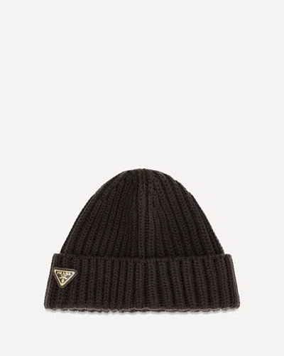 Prada Virgin Wool Beanie Hat In Brown
