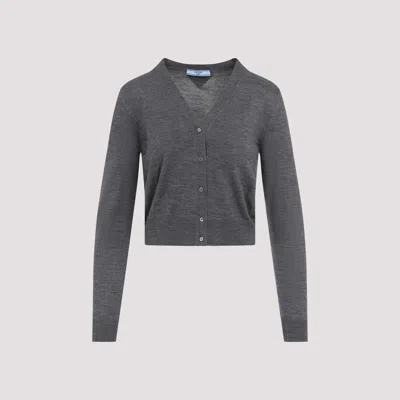 Prada V-neck Lightweight Knit Wool Cardigan In Gray