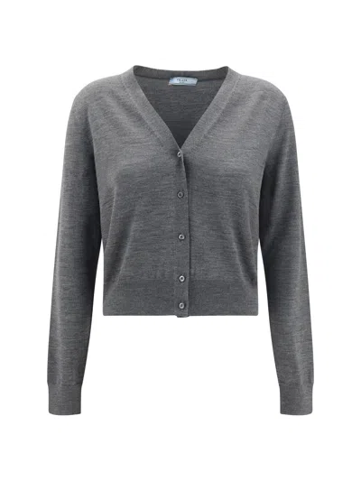 Prada V-neck Lightweight Knit Wool Cardigan In Gray