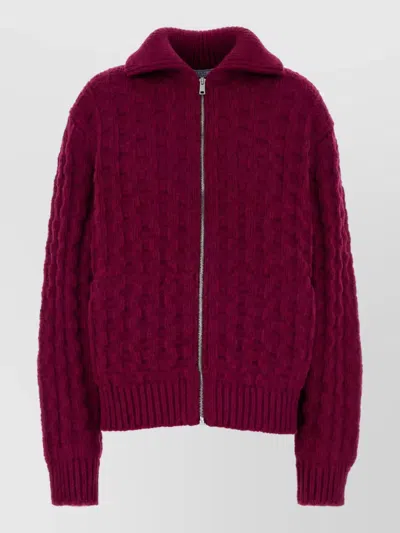 Prada Virgin Wool Chunky Cable Knit Funnel Neck Zip Up Cardigan In Pink