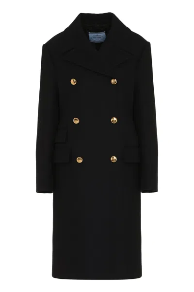 Prada Virgin Wool Double-breasted Coat In Black