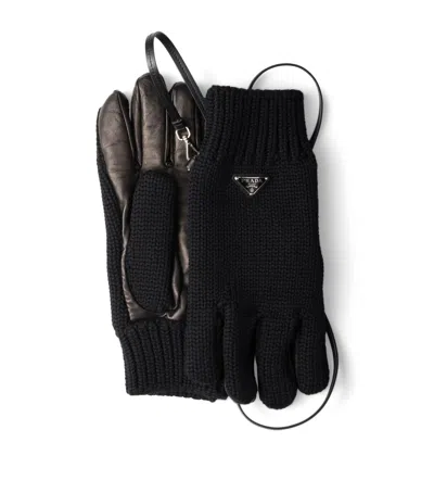 Prada Virgin Wool Nappa Leather-trimmed Gloves In Black
