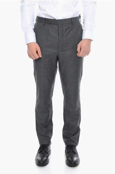Prada Virgin Wool Pleated Trousers With Embroidered Logo In Gray