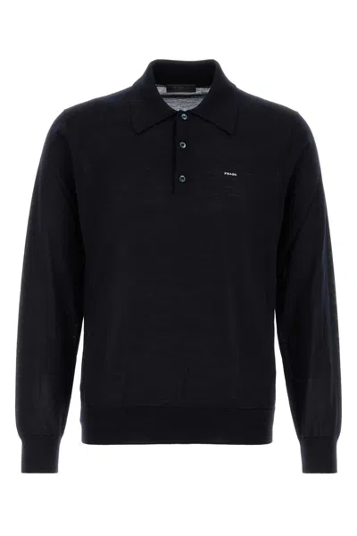 Prada Virgin Wool Polo Shirt In Blue