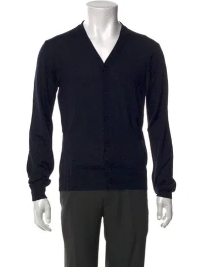 Pre-owned Prada Virgin Wool V-neck Cardigan In Blue