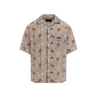 Prada Short-sleeved Viscose-silk Blend Shirt With Palm Print In Neutral
