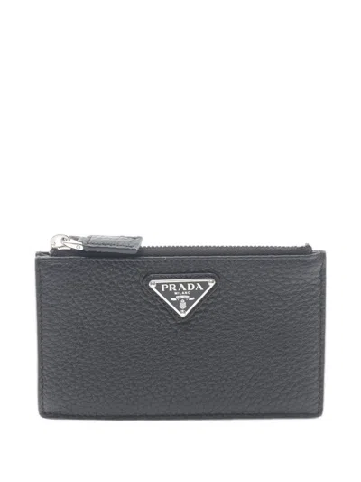 Pre-owned Prada Vit.daino Trian Card Case In Black