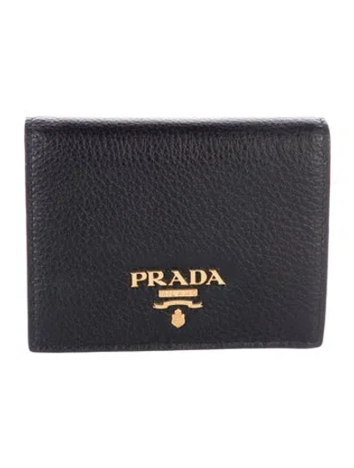 Pre-owned Prada Vitello Daino Leather Compact Wallet In Black