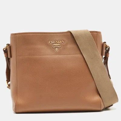 Prada Vitello Daino Leather Logo Shoulder Bag In Brown