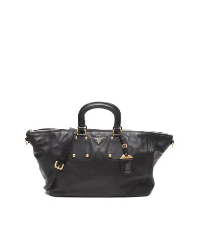Prada Vitello Daino Leather Tote Bag In Black