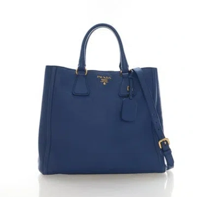 Pre-owned Prada Vitello Daino Leather Tote Bag Large In Blue
