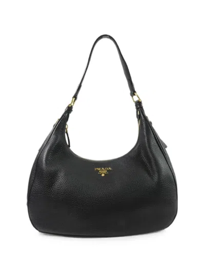 Pre-owned Prada Vitello Daino Logo-plaque Shoulder Bag In Black