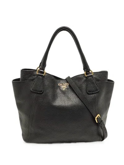 Pre-owned Prada Vitello Daino Side-pocket Tote Bag In Black